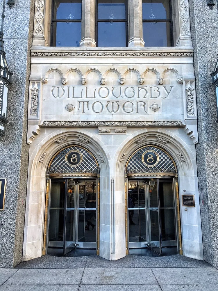 Willoughby Tower entrance at 8 S Michigan Ave, home of Arbor Mac iPhone & Macbook Repair in Chicago