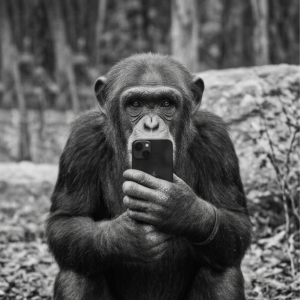 Black and white image of a chimpanzee holding up and iphone covering its mouth
